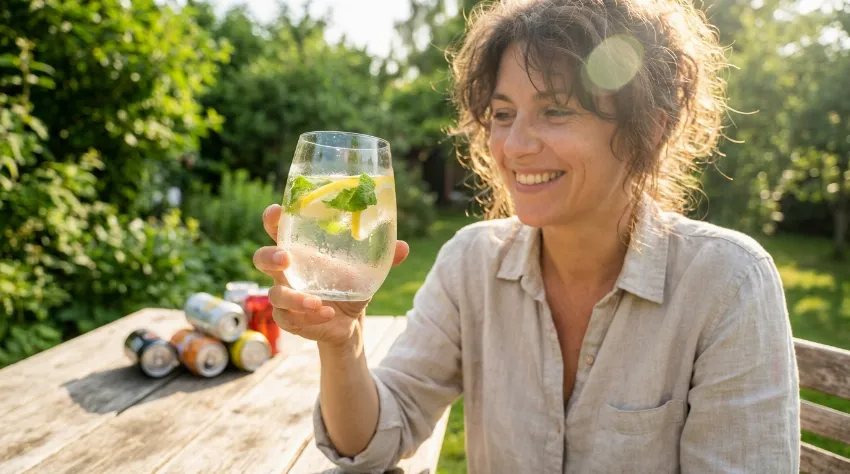 Ženska pije svežo vodo z limono na sončen dan