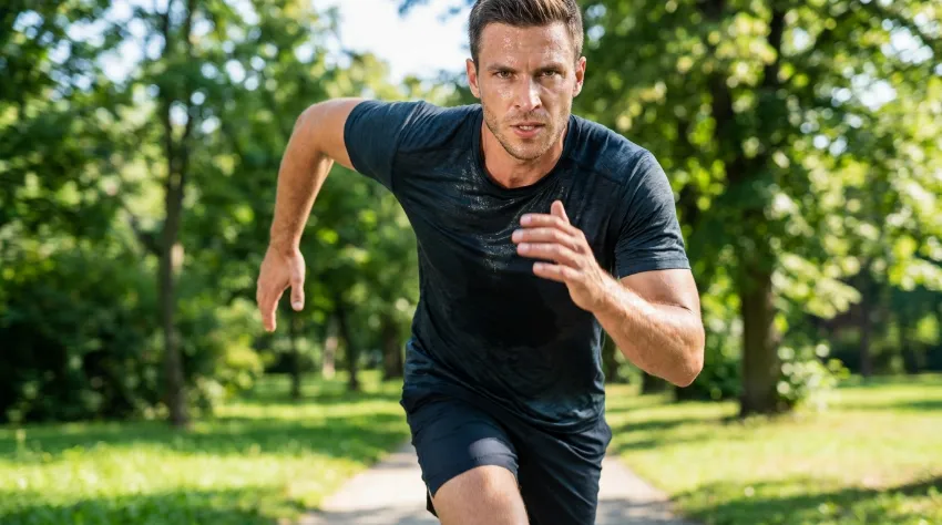 Moški izvaja intenziven šprint v parku kot del HIIT treninga