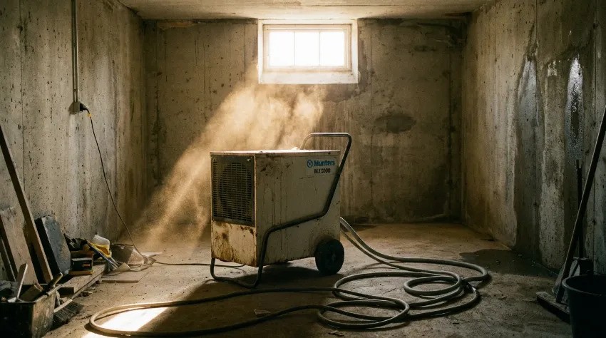 Industrijski razvlažilnik zraka v betonski kleti med procesom sušenja