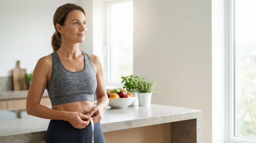 Ženska v svetli kuhinji meri obseg svojega pasu s šiviljskim metrom