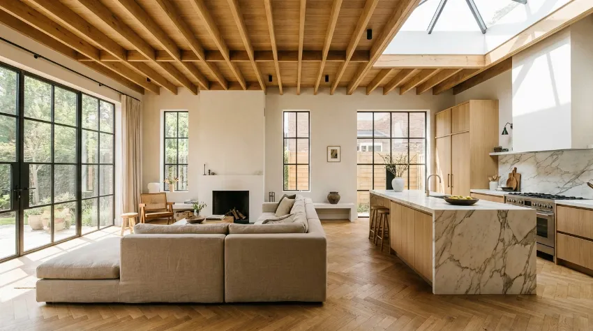 Sodobno prenovljen odprt bivalni prostor s kuhinjo in dnevno sobo