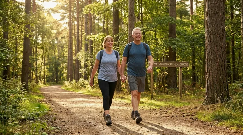 Par na sproščujočem hitrem sprehodu v naravi
