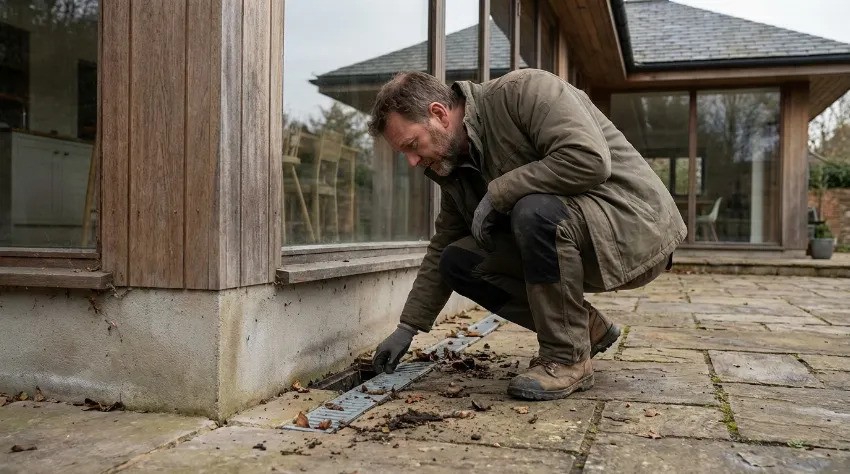 Lastnik hiše pregleduje odtočni kanal ob temelju hiše