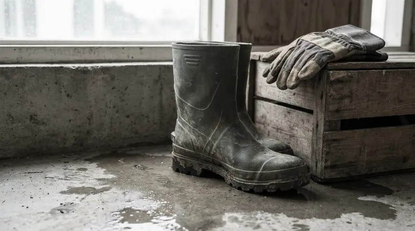 Zaščitni gumijasti škornji in delovne rokavice na mokrih tleh
