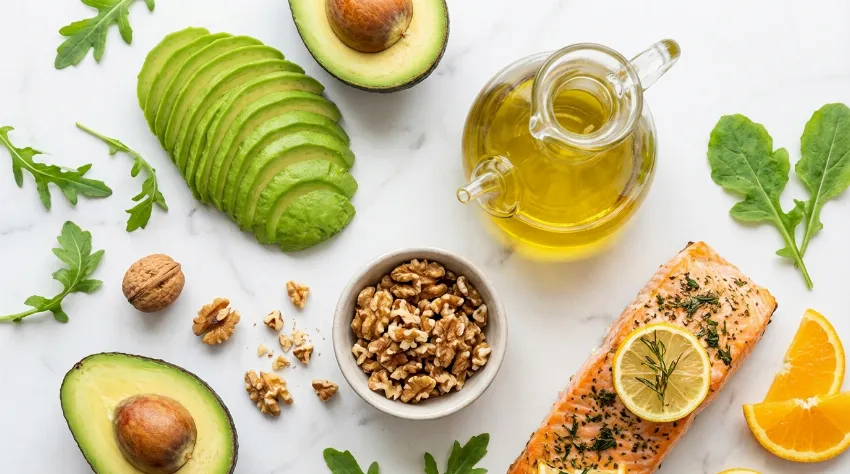 Zdravi viri nenasičenih maščob: avokado, olivno olje, oreščki in losos